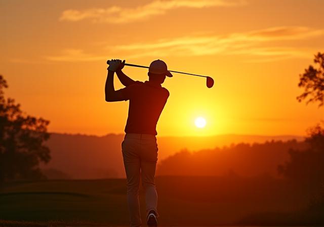 Golfista ejecutando un swing perfecto con el sol de la tarde